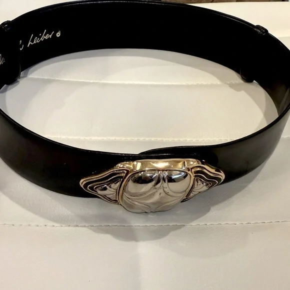 Judith Leiber black leather belt with gold/silver details display picture 3